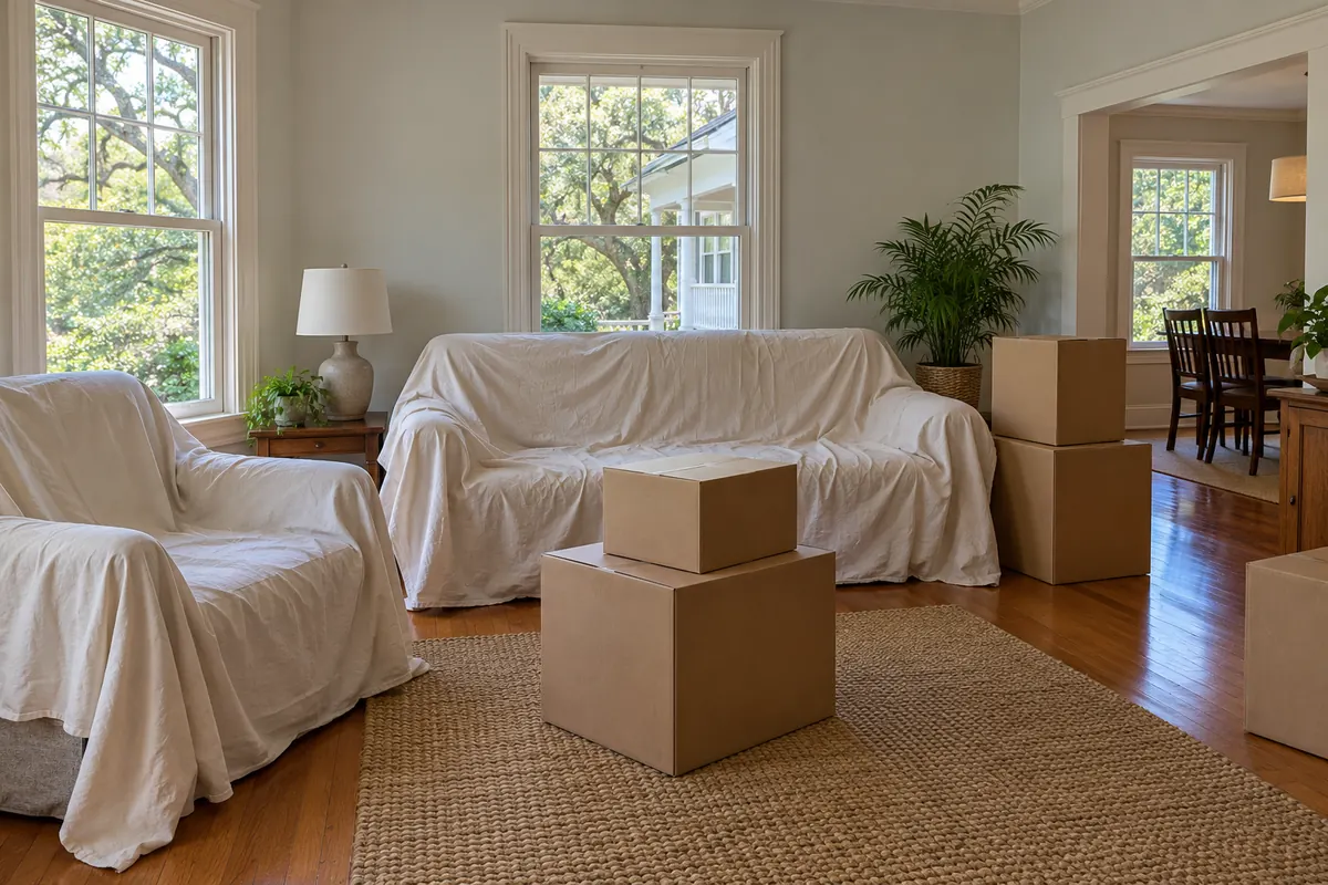 A living room with furniture under dust sheets