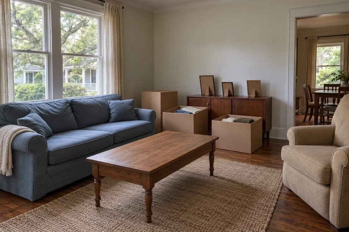 Living room of an older family home with a few packed boxes