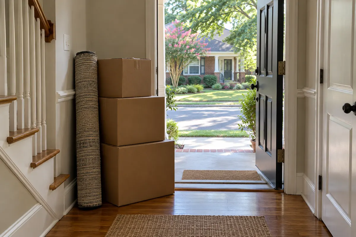 Moving boxes stacked by the front door of a house